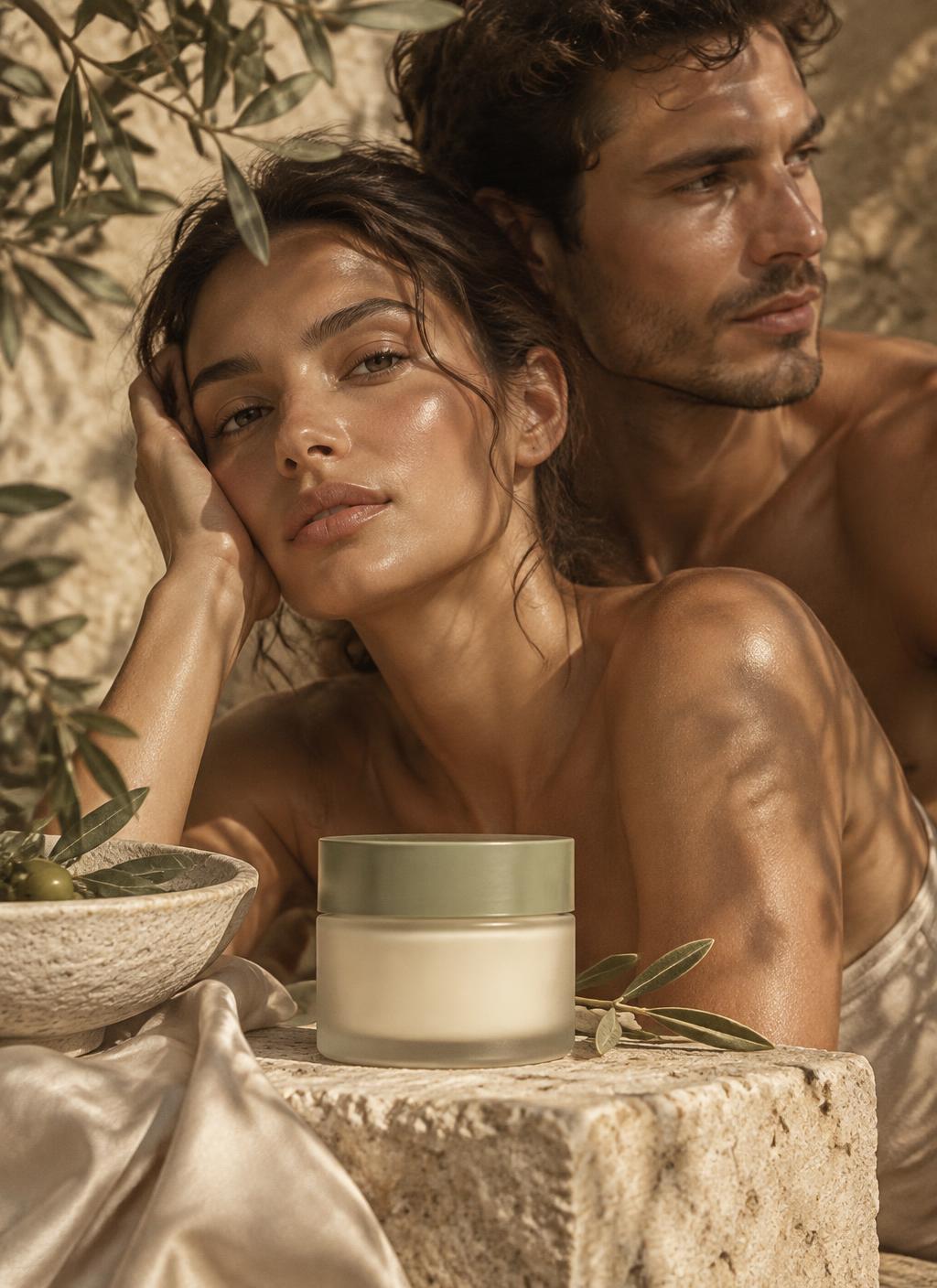 Una donna e un uomo con pelle luminosa accanto al vasetto di crema viso LUMIÈRE su pietra naturale