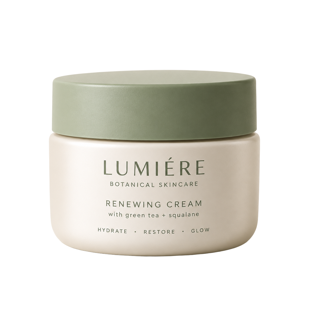 Crema viso LUMIÈRE Skin Essentials, vasetto avorio con tappo verde opaco