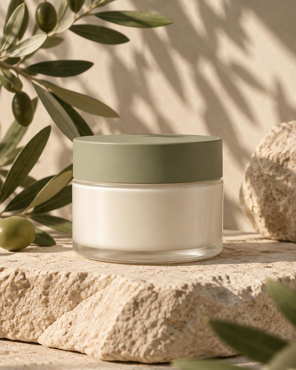 Vasetto di crema viso avorio con tappo verde su pietra naturale tra foglie di ulivo